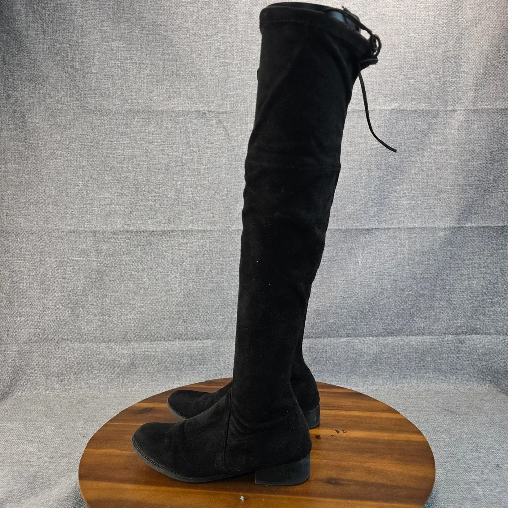 Black Over The Knee Boots Faux Suede Side Zip Tie Back Women Size‎ 8